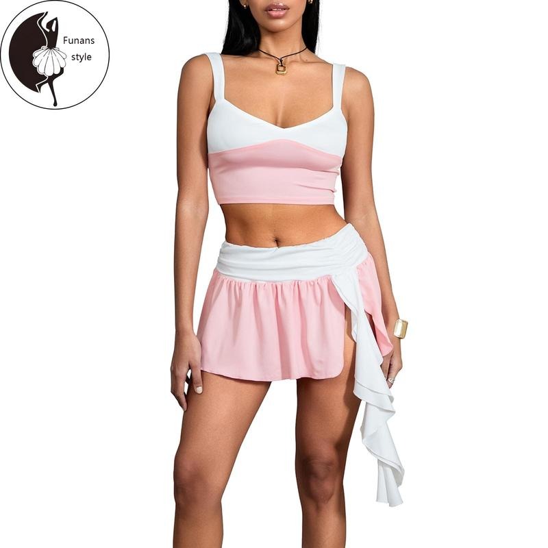 Women's 2 Piece Skirts Outfits Contrast Color Sleeveless Cami Tops Ruffles Mini Skirts Clothes Set