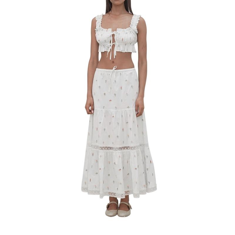 Women's 2 Piece Summer Set, Flower Embroidery Tie-Up Crop Tank Tops Drawstring Tiered Long Skirt Party Outfits Lady Polyester