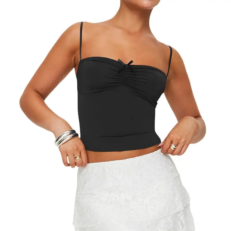 Women's Crop Camisole Slim Fit 3D Bow Ruched Sweetheart Neck Backless Spaghetti Strap Tops for Summer Sleeveless Lady