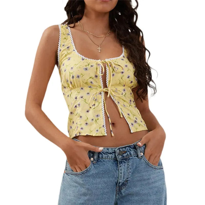 Women's Crop Tank Tops Slim Floral Print Square Neck Open Front Tie-Up Backless Sleeveless Shirt for Summer Cotton Lady