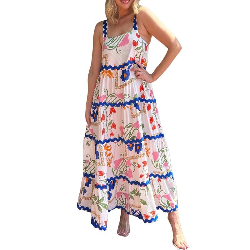 Women's Long Cami Dress Sleeveless Open Back Square Neck A-line Floral Beach Dress Casual Polyester