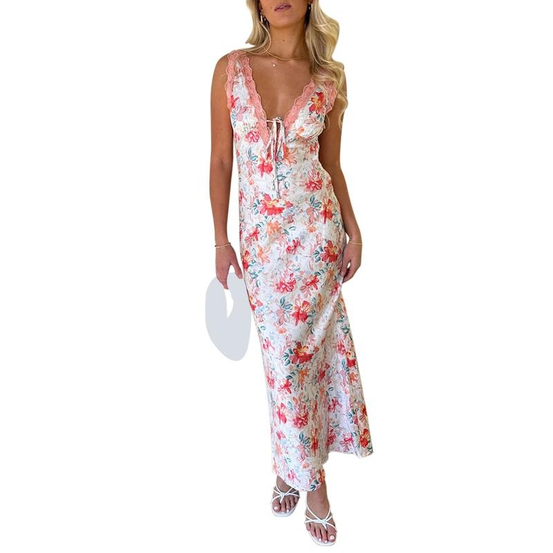 Women's Long Tank Dress Slim Flower Print Lace Trim Deep V Neck Sleeveless Backless Dress for Party Club Wedding Formal Lady Polyester Womenswear
