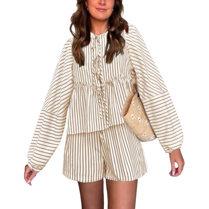 Women's Striped Outfit, Tiered Long Sleeve Tie-Up Shirt Elastic Waist Shorts Casual 2 Piece Set for Fall Lady Overalls