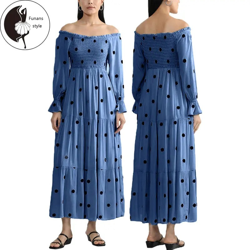 Women's Summer Off-Shoulder Dress Flower Print Long Sleeve Ruched BacklessMidi Dress