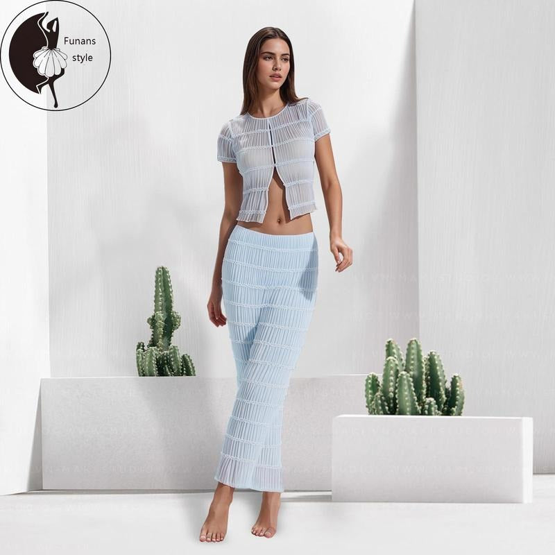 Women's Summer Outfits Solid Pleated Front Opening Crew Neck Short Sleeve Tops with Long Skirt 2 Pcs Set