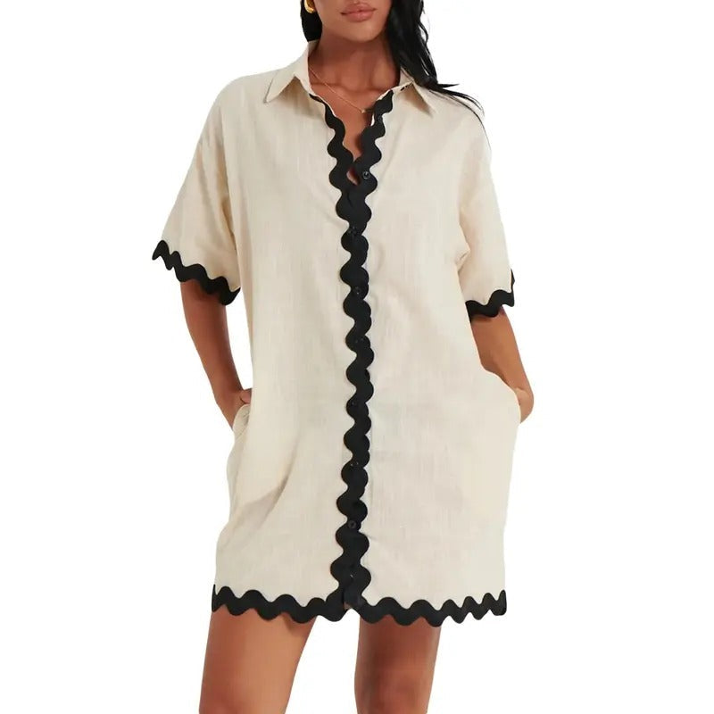 Women's Summer Shirt Dress Contrast Trim Ric Rac Short Sleeve Turn-Down Collar Loose Dress Casual Polyester