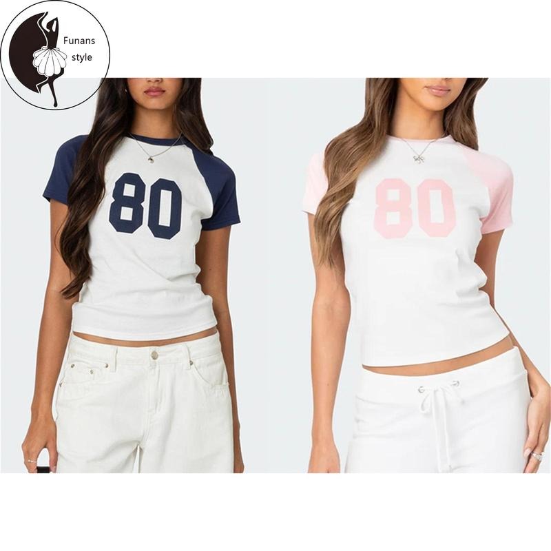 Women's Summer Tops Striped Raglan Sleeve Round Neck Letter Print T-Shirts Street Blouses