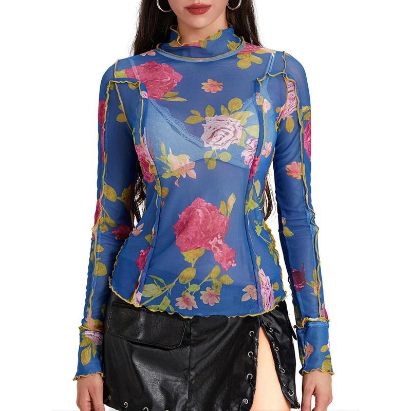 Women'sMesh Tops Floral Print Long Sleeve High Neck Lettuce T-Shirt for Spring, Summer