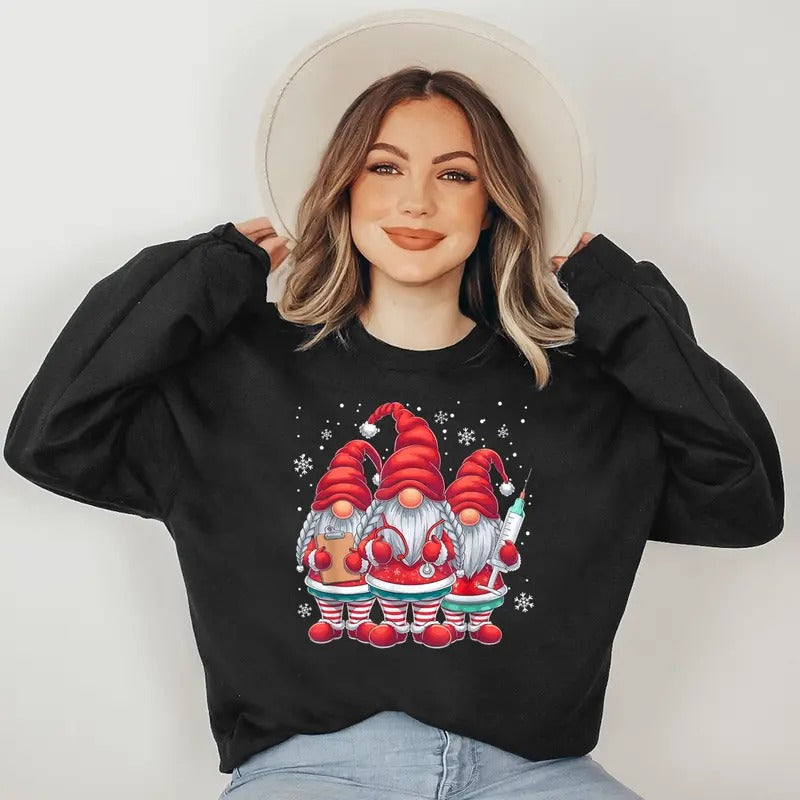 Xmas Medical Scrub Top Cute Nursing Christmas Gnomes Nurse Sweatshirt