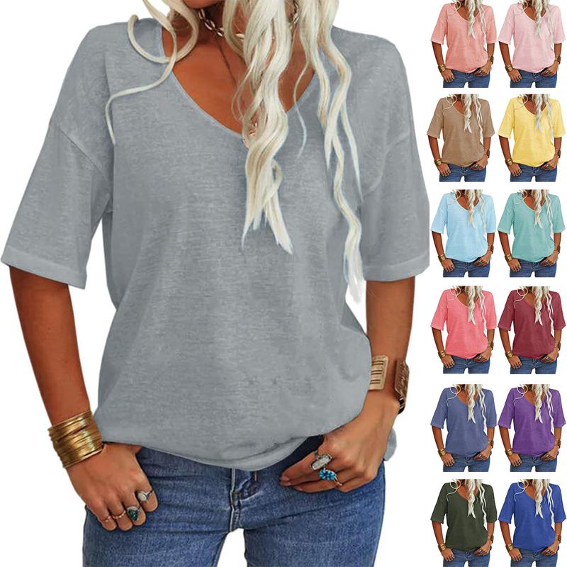 PiePieBuy Women's Solid Color Round Neck T-shirt Cotton Half Sleeve 3/4 Sleeve Casual Loose Fold Basic Fall Clothes