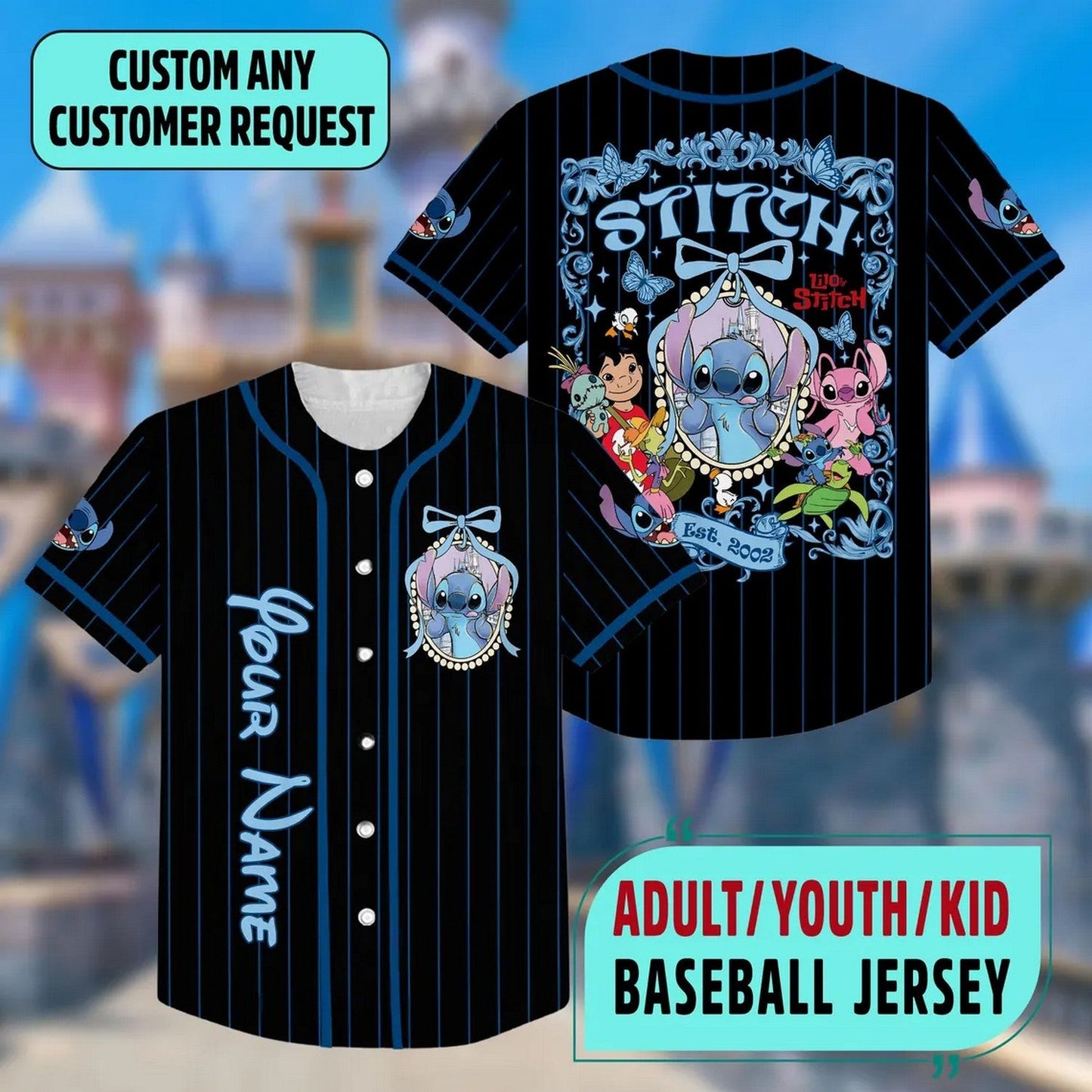 Custom Name And Number Lilo And Stitch Coquette Bows Striped Black Baseball Jersey