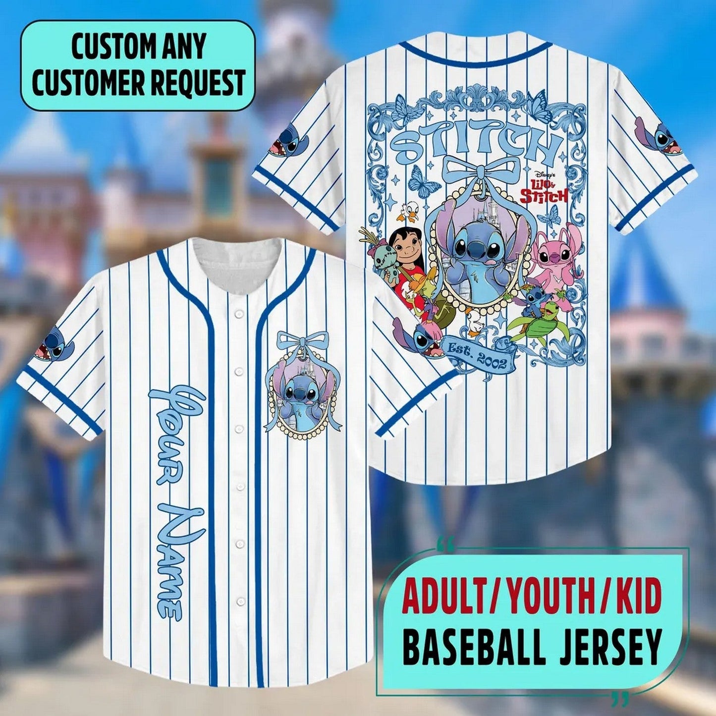 Custom Name And Number Lilo And Stitch Coquette Bows Striped White Baseball Jersey