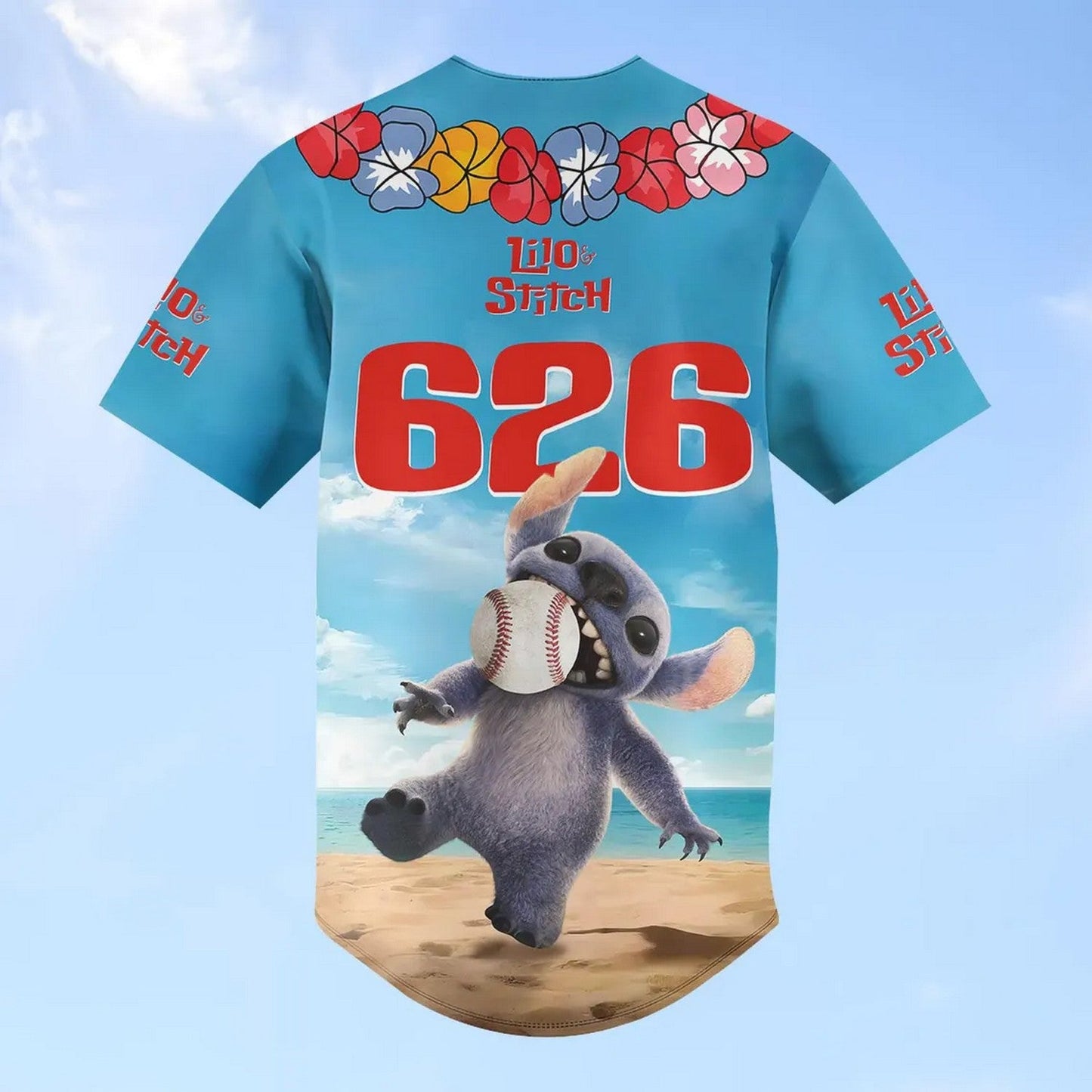 Custom Name Cute Stitch 626 Playingful On The Beach Baseball Jersey