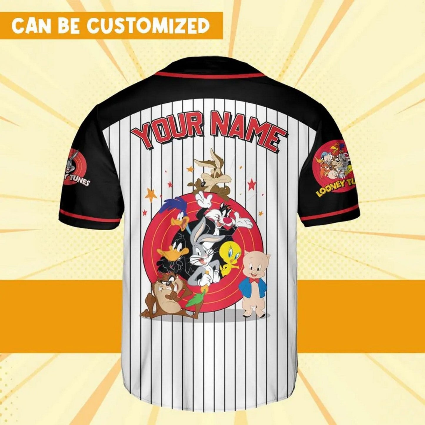 Custom Name Looney Tunes Character Black White Baseball Jersey