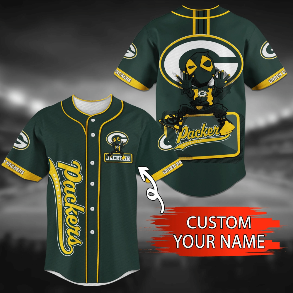 Green Bay Packers Sporty Baseball Jersey Shirt with Personalized Name - Aopprinter