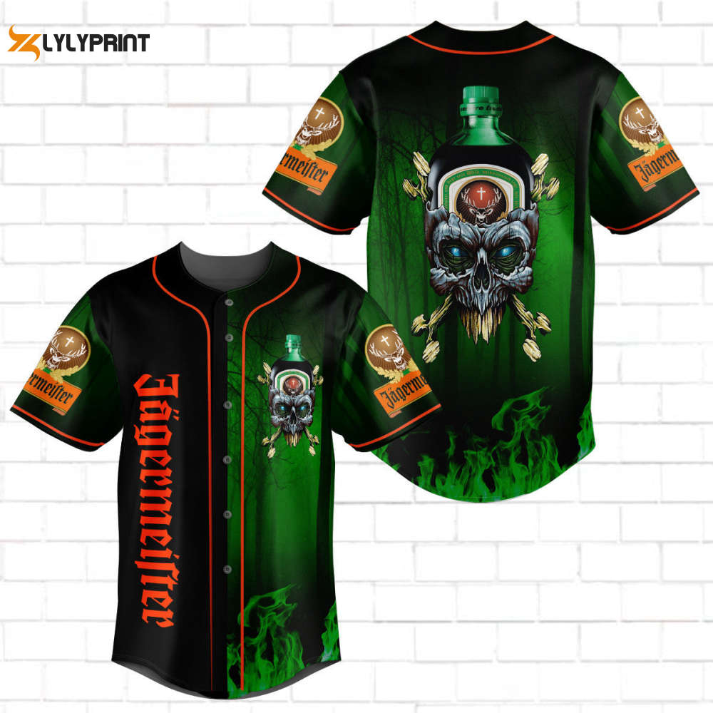 Jagermeister Skull Green Flame All Over Print Unisex Baseball Jersey Green - lylyprint.com