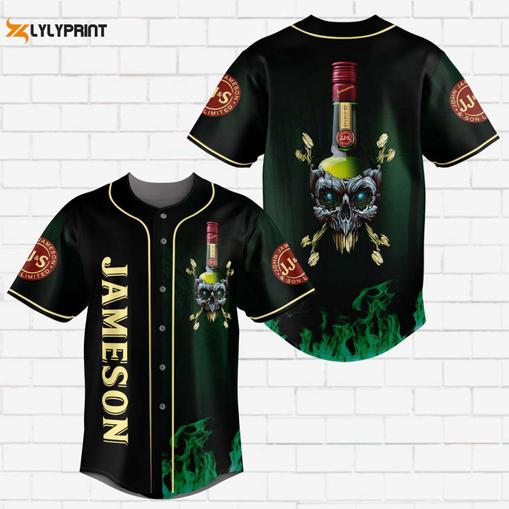 Jameson Irish Whiskey Flowery Skull All Over Print Unisex Baseball Jersey - Ombre Black Green - lylyprint.com
