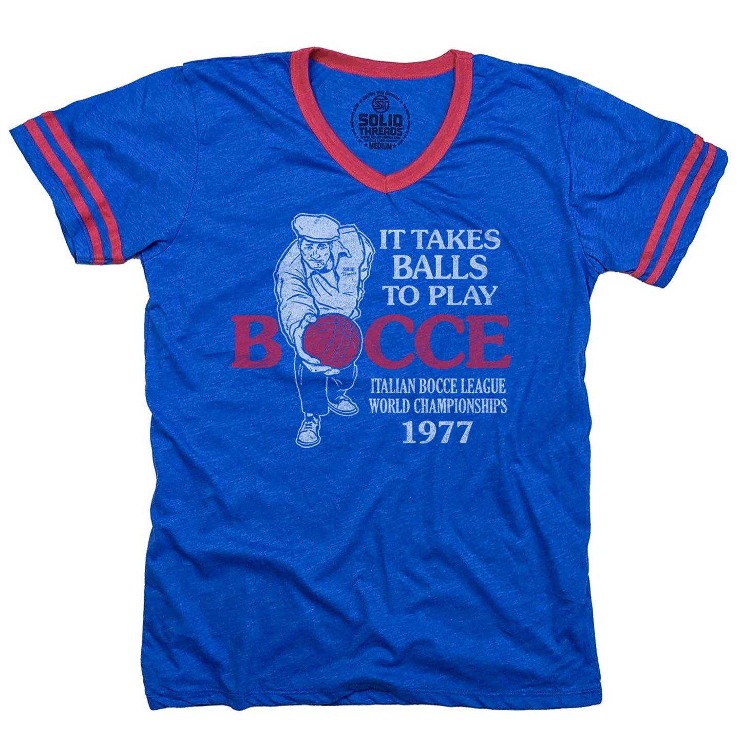 It Takes Balls To Play Bocce Ringer V-Neck Tee