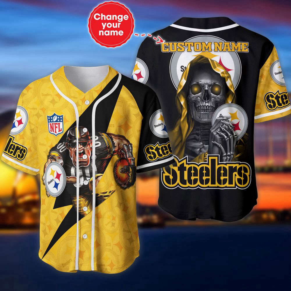 Pittsburgh Steelers Baseball Jersey Shirt Skull Custom Name, Gift For Men Women - Aopprinter