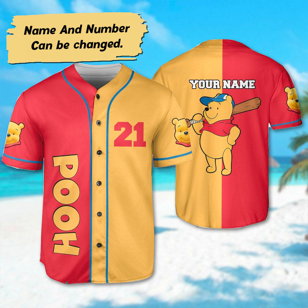 Custom Number And Name Pooh Baseball Jersey, Winnie the Pooh Baseball Jersey Team, Honey Bear Jersey Outfit, Magic Kingdom Family Trip Shirt - Bafud