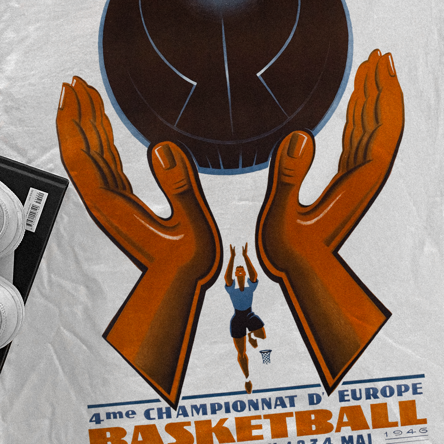 1946 'EUROBASKET CHAMPIONSHIPS' POSTER HEAVYWEIGHT WHITE T-SHIRT