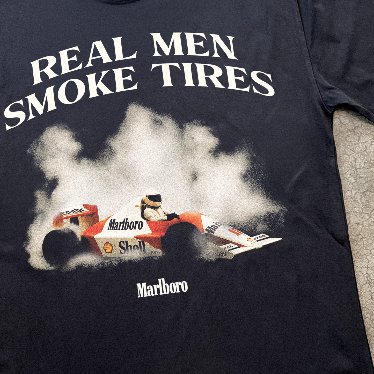 F1 'REAL MEN SMOKE TIRES' HEAVY FADED BLACK T-SHIRT