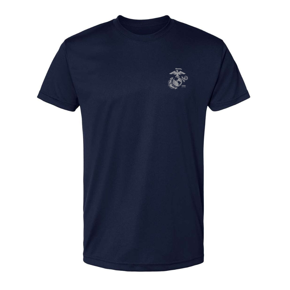 Navy Left Chest Eagle, Globe, and Anchor Established Performance T-Shirt- Grey Logo