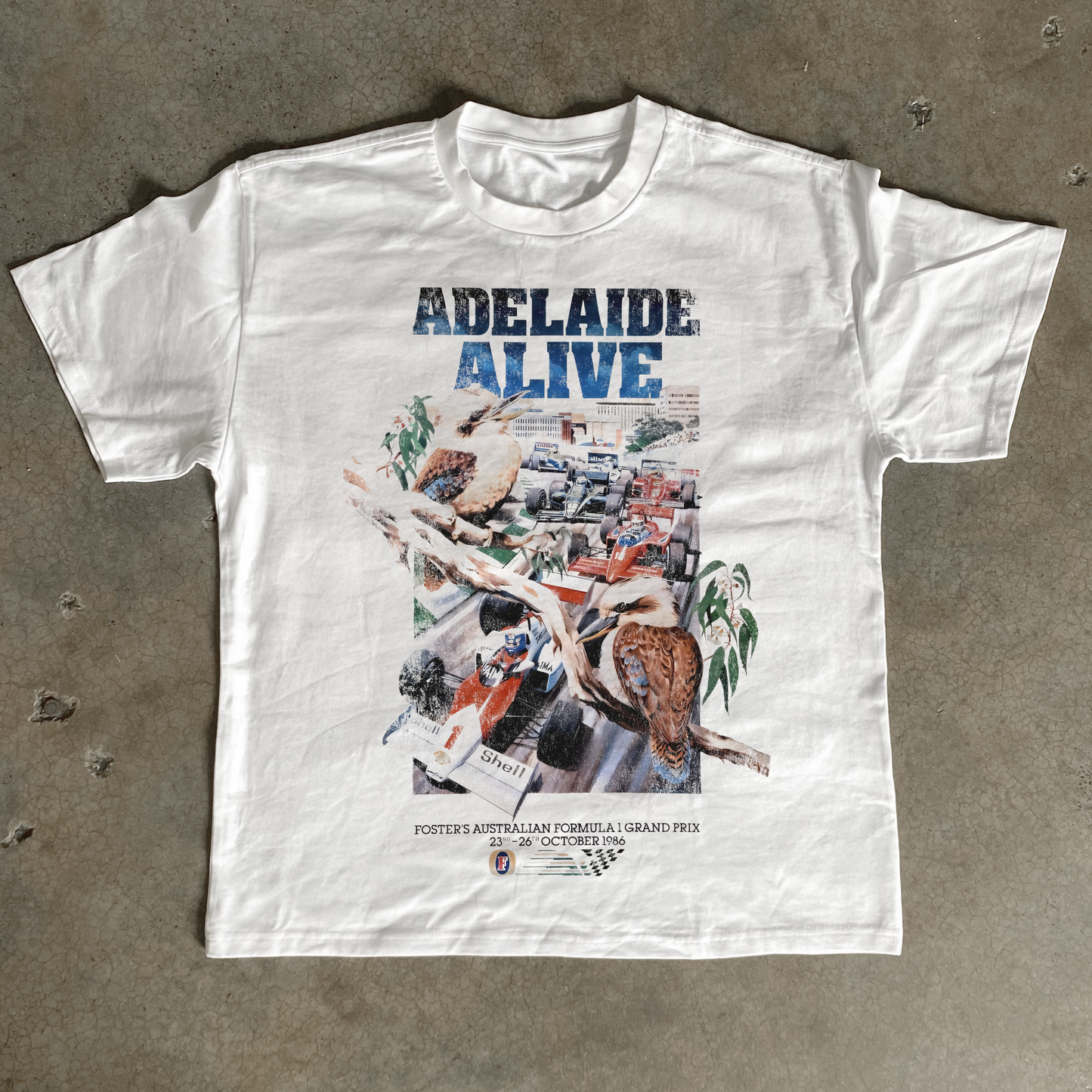 FOSTERS 1986 GRAND PRIX 'ADELAIDE ALIVE' WHITE HEAVY TEE