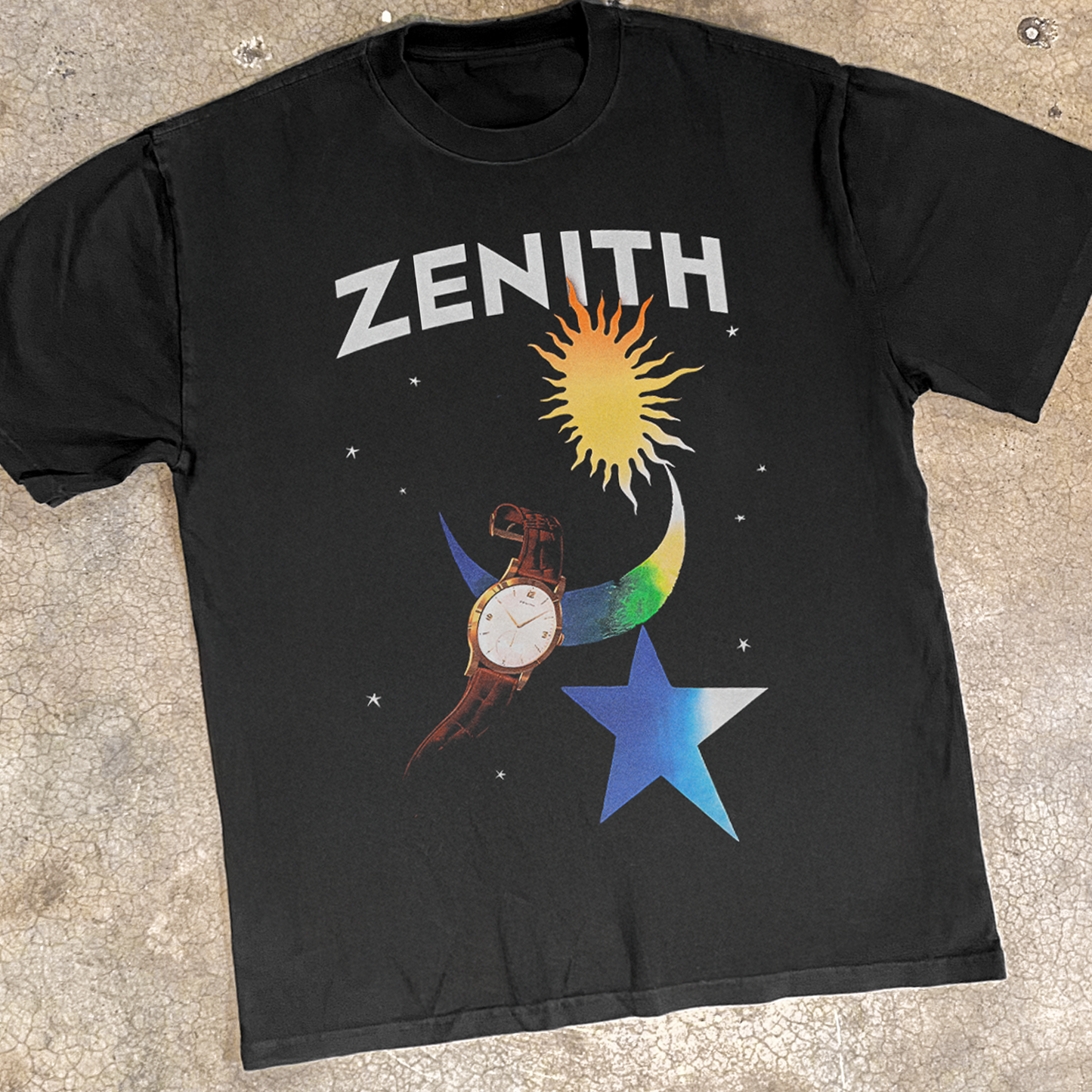 ZENITH WATCHES 'MOON & STARS' HEAVY FADED BLACK TEE