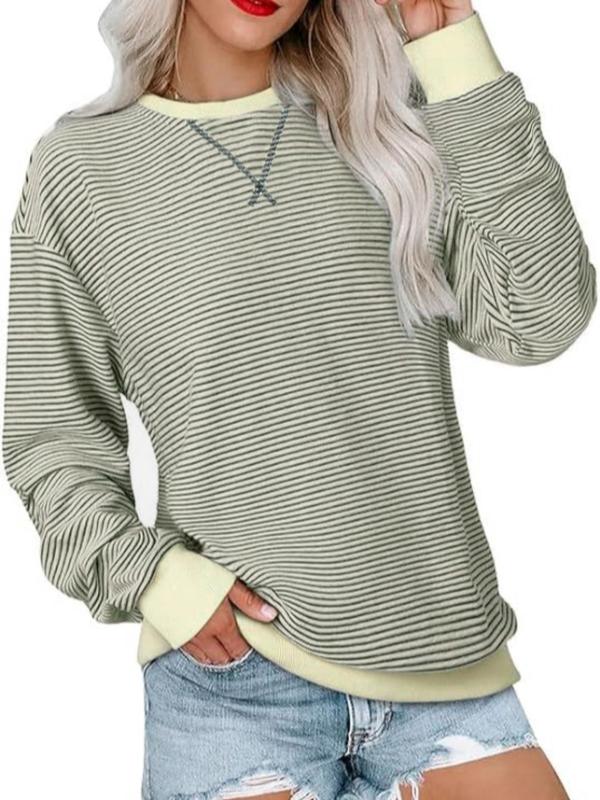 Women's Striped Print Drop Shoulder Sweatshirt, Sweatshirts for Women, Casual Long Sleeve Round Neck Pullover for Spring & Fall, Ladies Clothes for Daily Wear