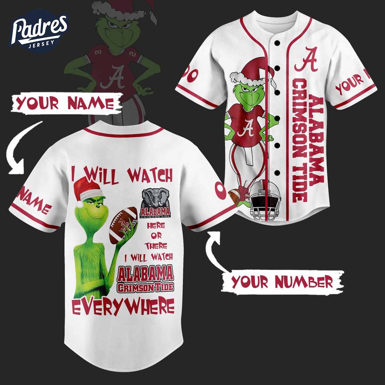 Alabama Crimson Tide Grinch Football Baseball Jersey - Padres Jersey Oasis: Elevate Your Baseball Style Game