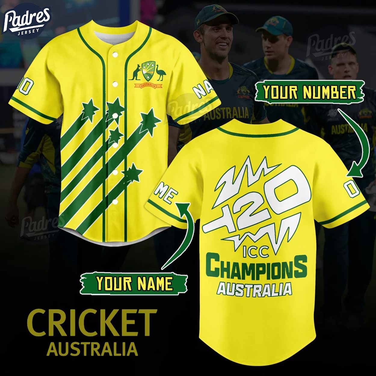 Australian Cricket Team Champions ICC World Cup Custom Baseball Jersey - Padres Jersey Oasis: Elevate Your Baseball Style Game