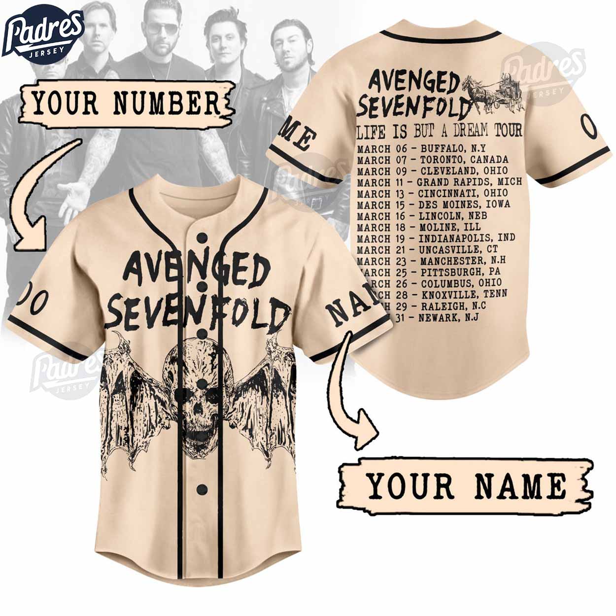 Avenged Sevenfold Life Is But A Dream Tour Custom Baseball Jersey Shirt - Padres Jersey Oasis: Elevate Your Baseball Style Game