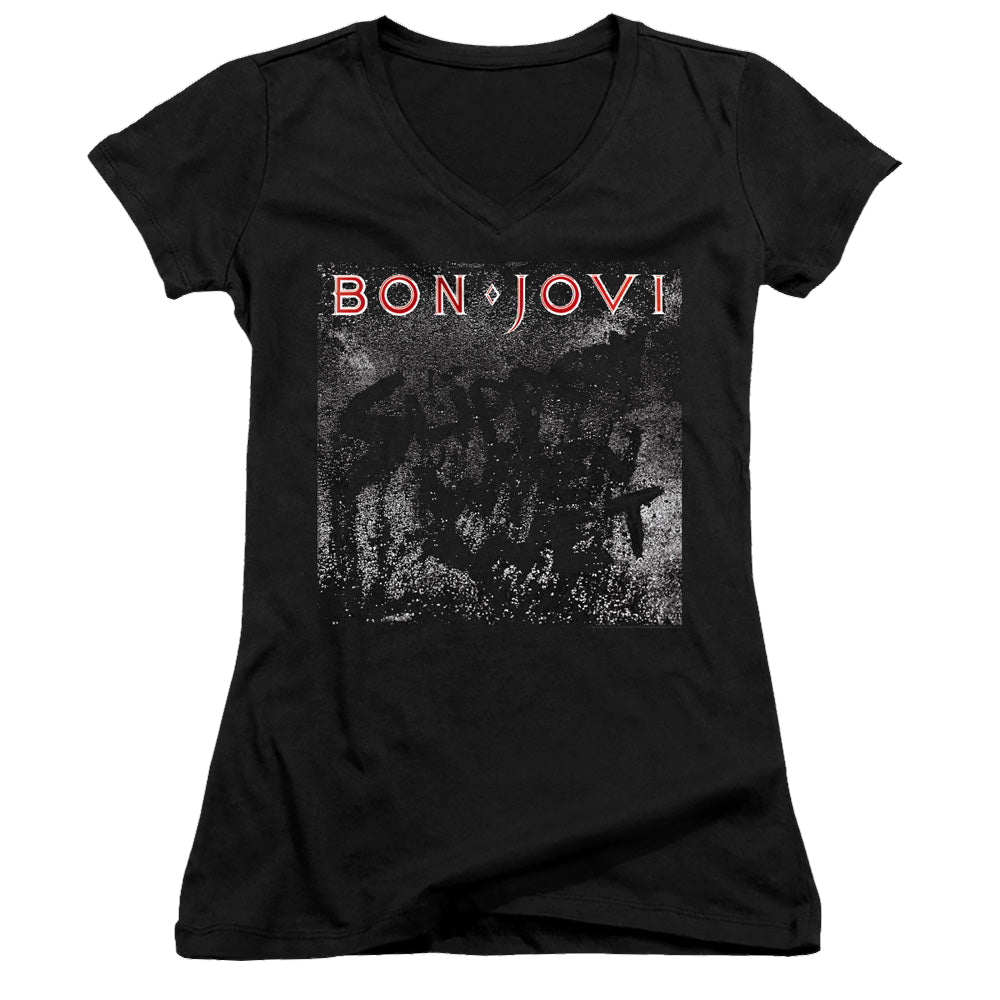 Bon Jovi Slippery Cover - Juniors V-Neck T-Shirt