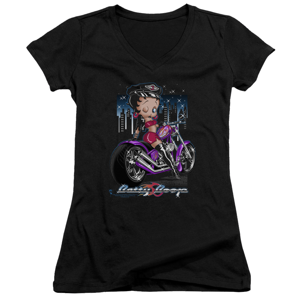 Betty Boop City Chopper - Juniors V-Neck T-Shirt