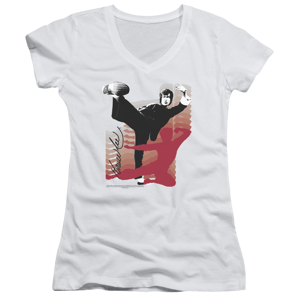 Bruce Lee Kick It - Juniors V-Neck T-Shirt