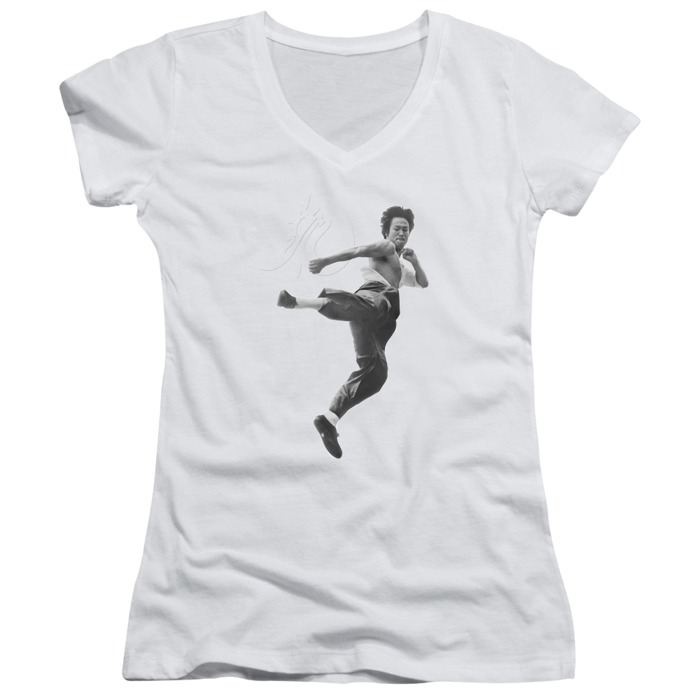 Bruce Lee Flying Kick - Juniors V-Neck T-Shirt