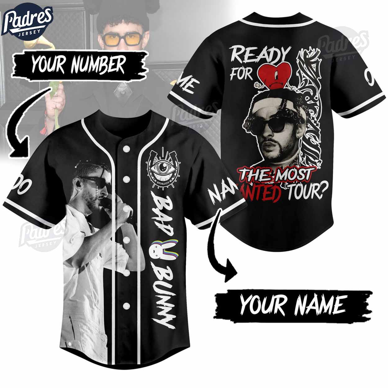 Bad Bunny The Most Wanted Tour Custom Music Baseball Jersey - Padres Jersey Oasis: Elevate Your Baseball Style Game