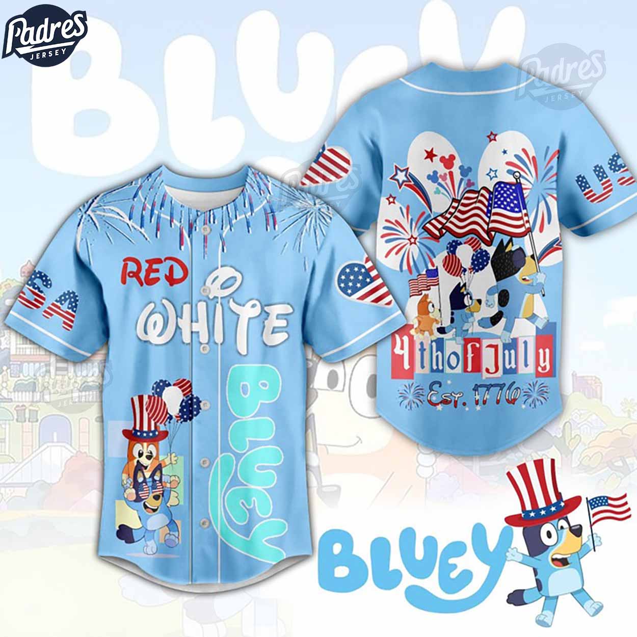 Bluey Red White 4th Of July Est 1776 Baseball Jersey - Padres Jersey Oasis: Elevate Your Baseball Style Game