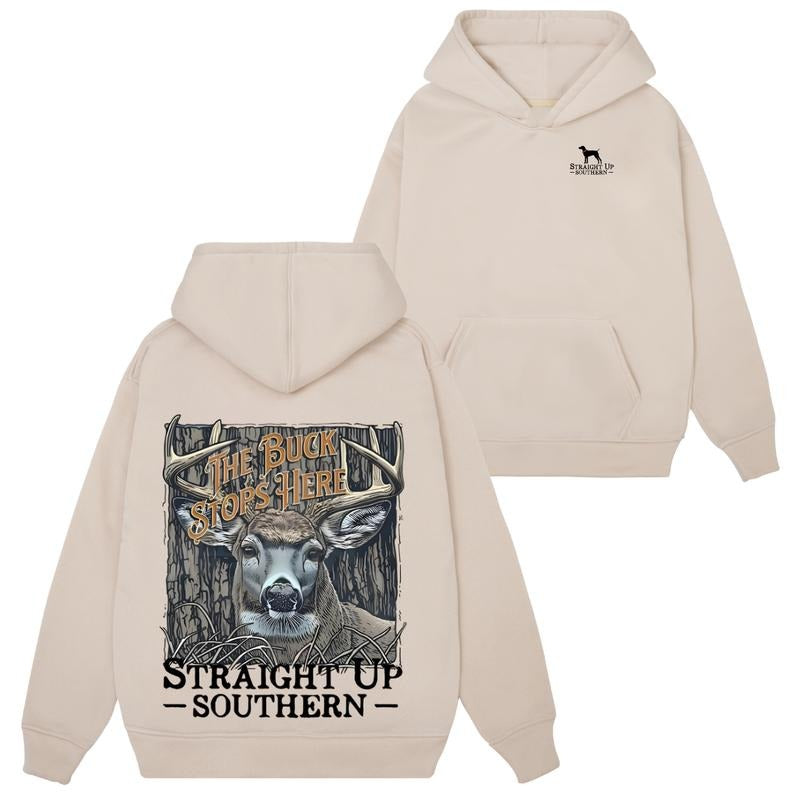Buck Stops here Deer Sweatshirt Hoodie Tshirt- Rustic Vintage Wilderness Graphic - Outdoors  for Hunters, Southern boy  Shirt Long Sleeve Pullover Casual Sweaters Menswear