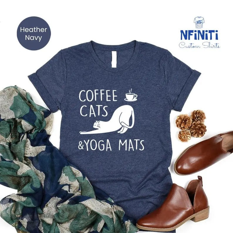 Coffee Cats Shirt, Coffee Lover Shirt, Woman Yoga Shirt, Girls Life Shirt, Yoga T-Shirt, Yoga Lover Gifts, Gift For Cat Lover, Cat Shirts