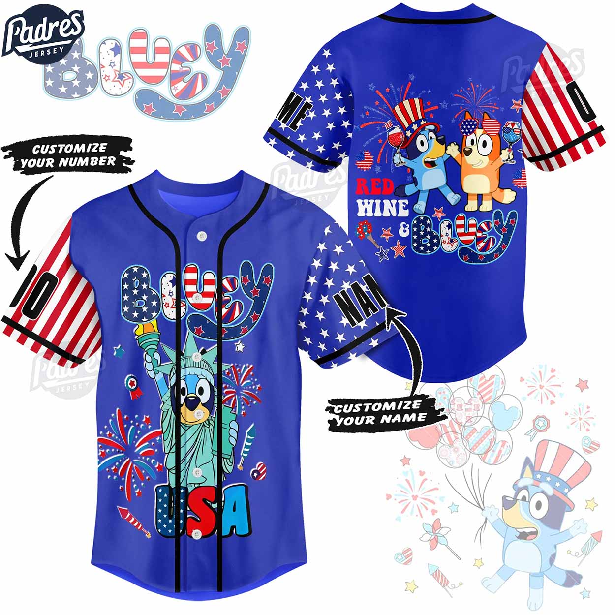 Custom 4th Of July Bluey USA Baseball Jersey - Padres Jersey Oasis: Elevate Your Baseball Style Game