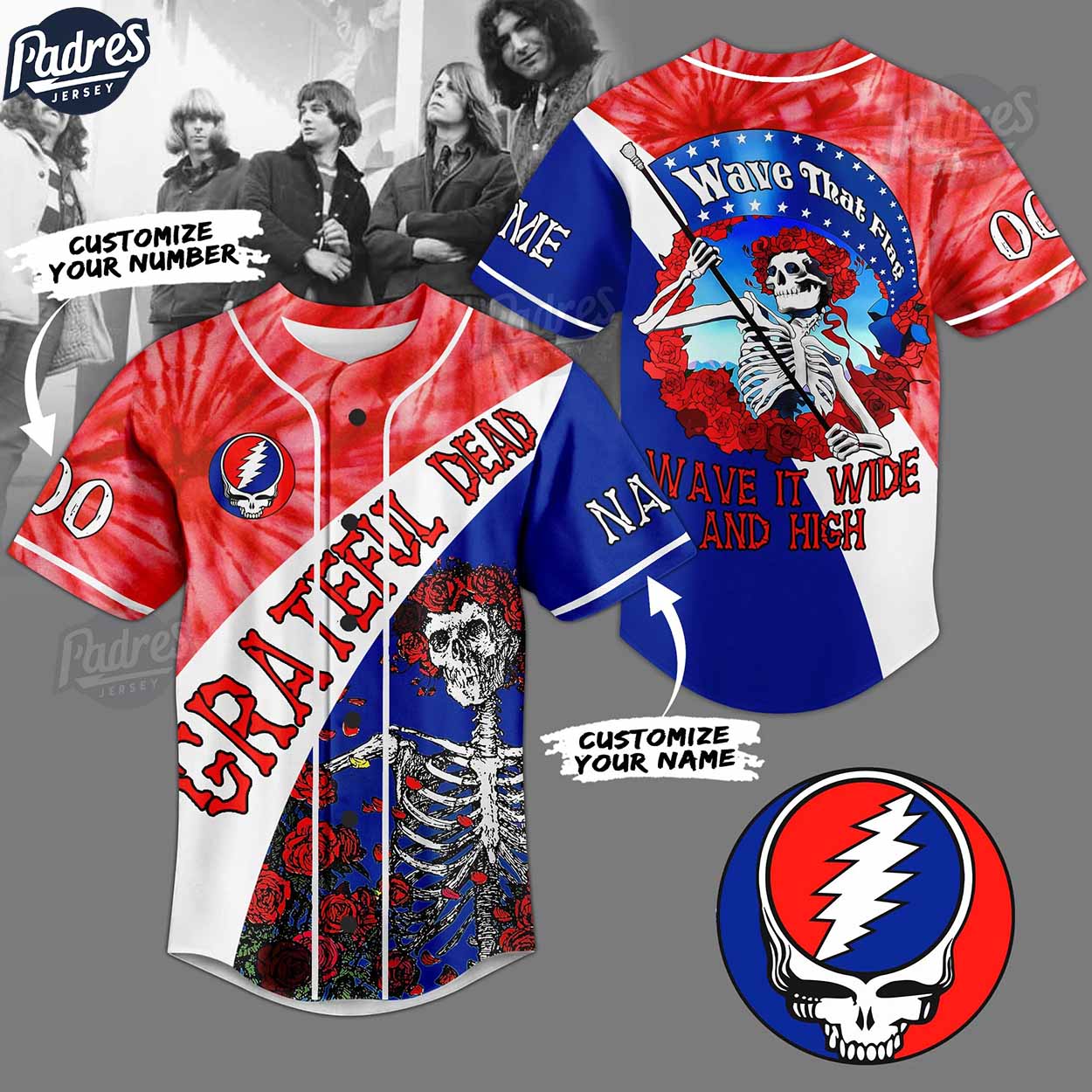 Custom 4th Of July Grateful Dead Wave That Flag Wave It Wide And High Baseball Jersey - Padres Jersey Oasis: Elevate Your Baseball Style Game