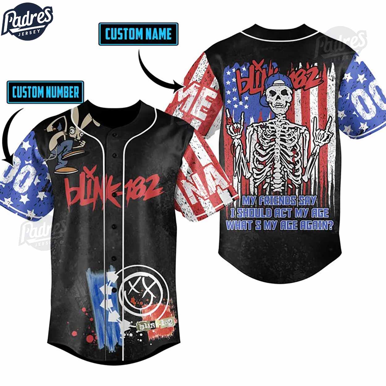 Custom Blink-182 Skeleton My Friends Say I Should Act My Age What’s My Age Again Baseball Jersey - Padres Jersey Oasis: Elevate Your Baseball Style Game