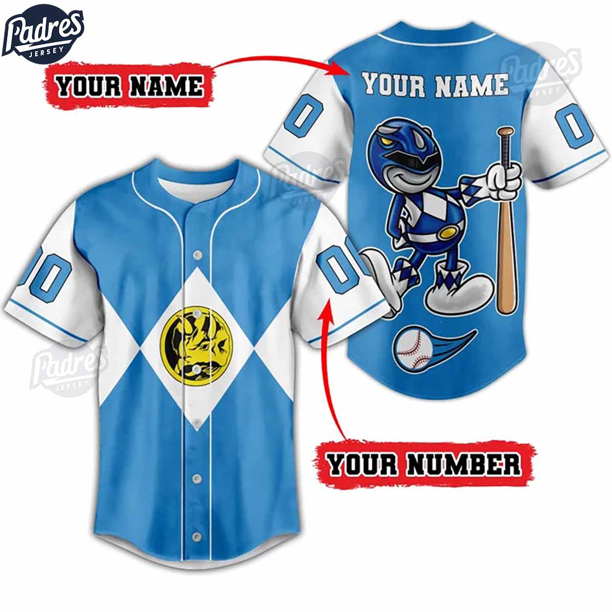 Custom Power Rangers Blue Ranger Baseball Jersey - Padres Jersey Oasis: Elevate Your Baseball Style Game