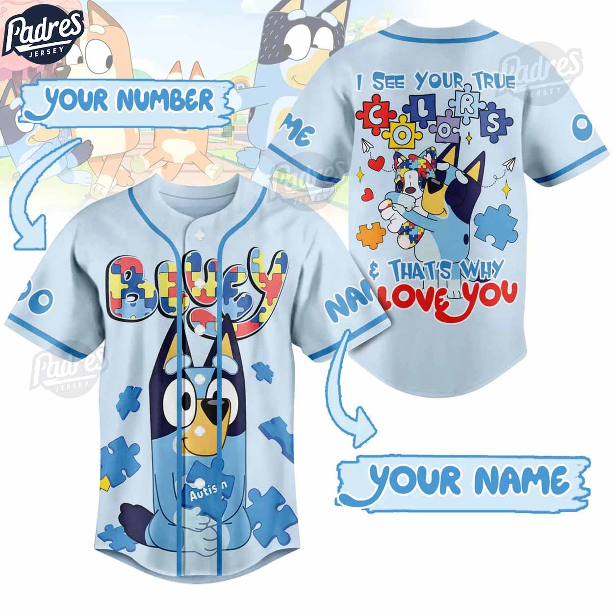 Custom Bluey Autism Baseball Jersey For Kid - Padres Jersey Oasis: Elevate Your Baseball Style Game