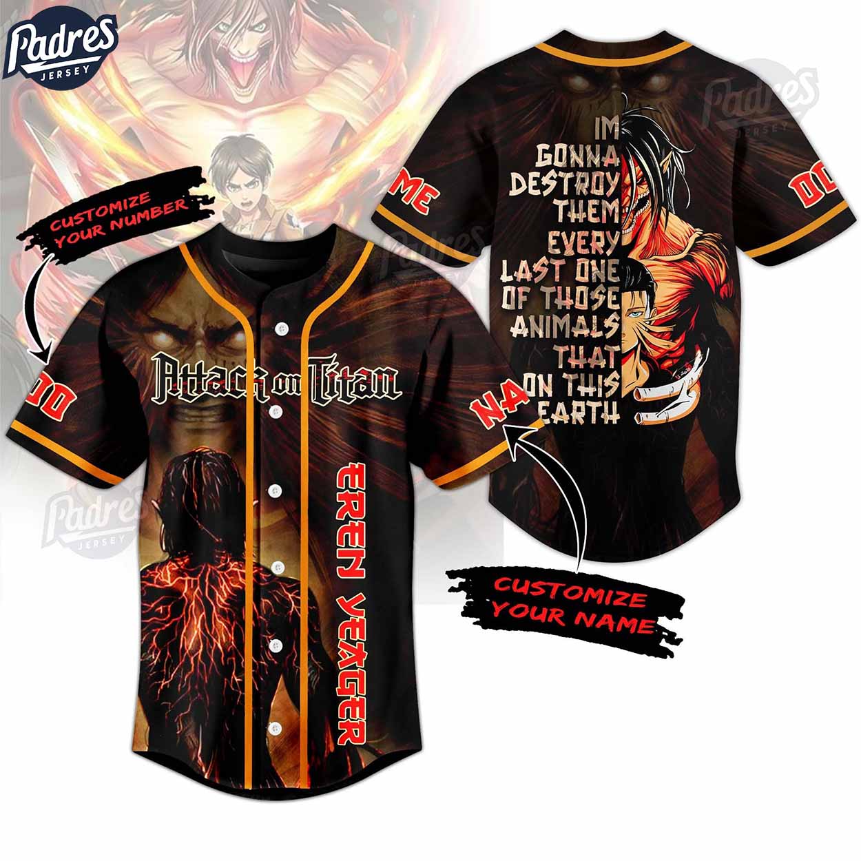 Custom Eren Attack On Titan Anime Baseball Jersey - Padres Jersey Oasis: Elevate Your Baseball Style Game