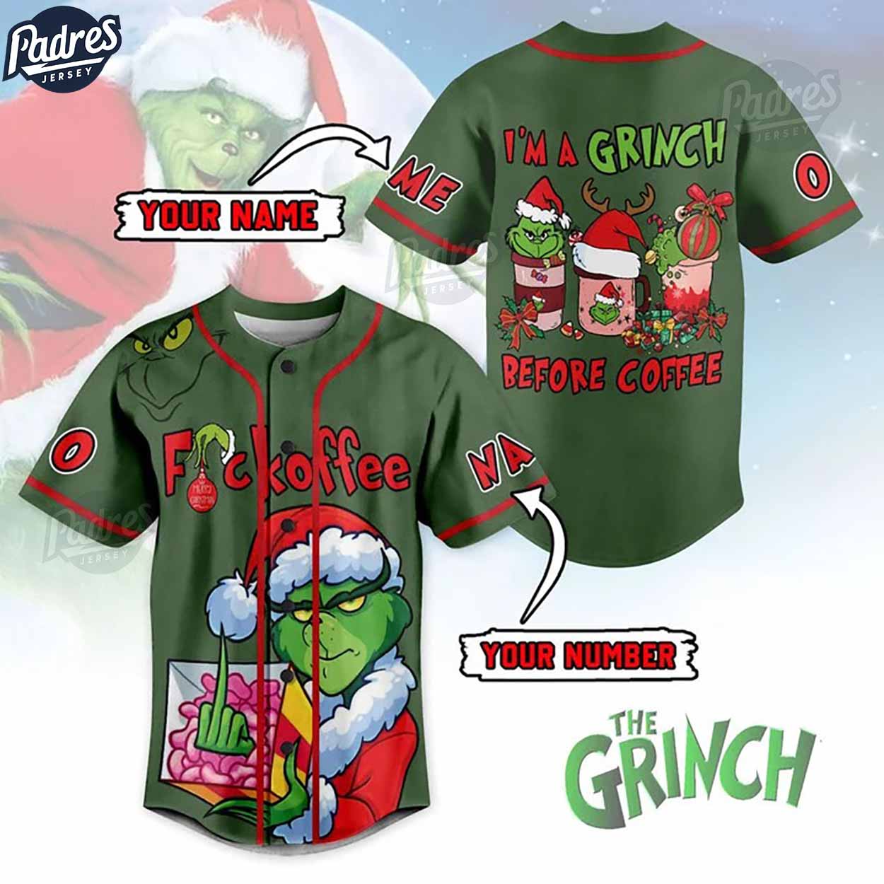 Custom Fuckoffe I’m A Grinch Before Coffee Baseball Jersey - Padres Jersey Oasis: Elevate Your Baseball Style Game
