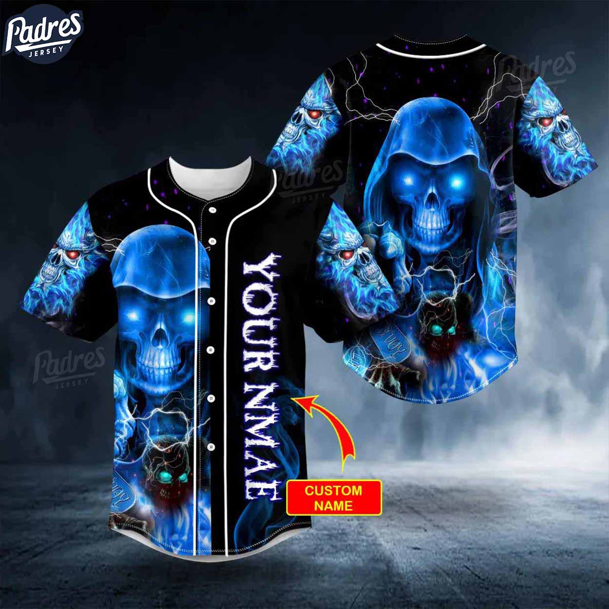 Custom Grim Reaper Blue Fire Lightning Skull Baseball Jersey - Padres Jersey Oasis: Elevate Your Baseball Style Game