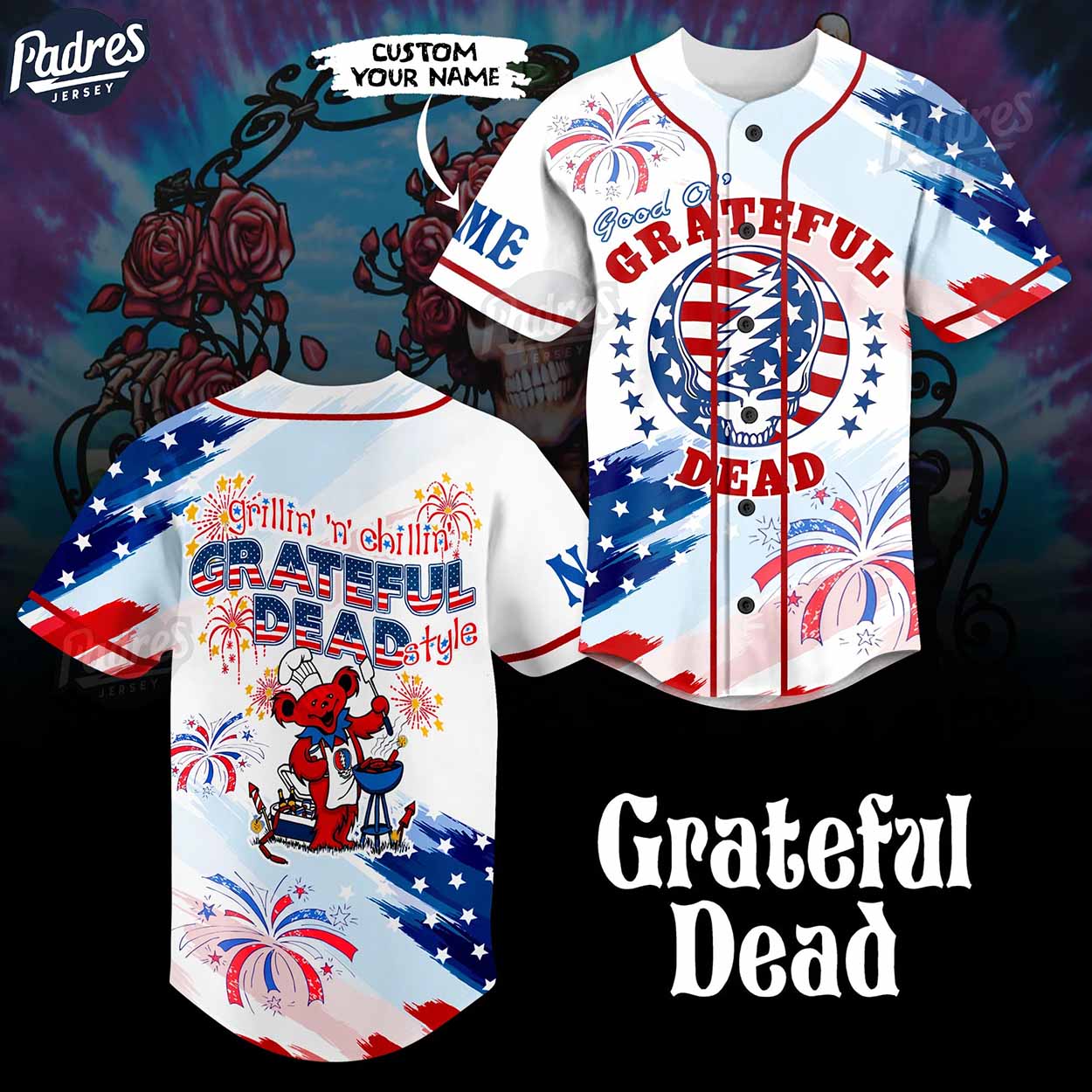 Custom Happy 4th Of July Grateful Dead Baseball Jersey Style - Padres Jersey Oasis: Elevate Your Baseball Style Game